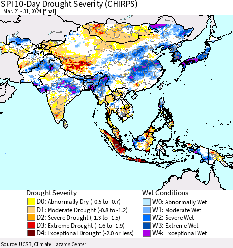 Asia SPI 10-Day Drought Severity (CHIRPS) Thematic Map For 3/21/2024 - 3/31/2024