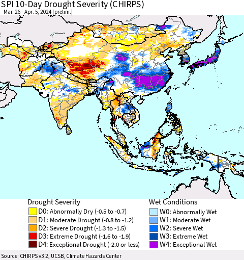 Asia SPI 10-Day Drought Severity (CHIRPS) Thematic Map For 3/26/2024 - 4/5/2024