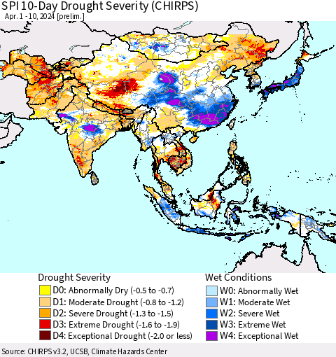 Asia SPI 10-Day Drought Severity (CHIRPS) Thematic Map For 4/1/2024 - 4/10/2024