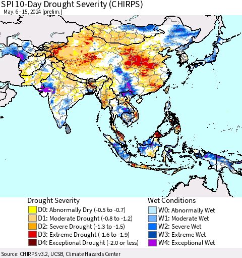 Asia SPI 10-Day Drought Severity (CHIRPS) Thematic Map For 5/6/2024 - 5/15/2024