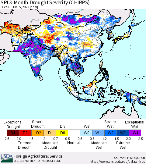 Asia SPI 3-Month Drought Severity (CHIRPS) Thematic Map For 10/6/2021 - 1/5/2022