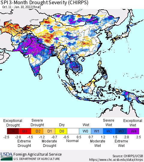 Asia SPI 3-Month Drought Severity (CHIRPS) Thematic Map For 10/11/2021 - 1/10/2022