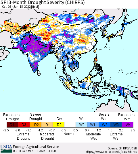 Asia SPI 3-Month Drought Severity (CHIRPS) Thematic Map For 10/16/2021 - 1/15/2022