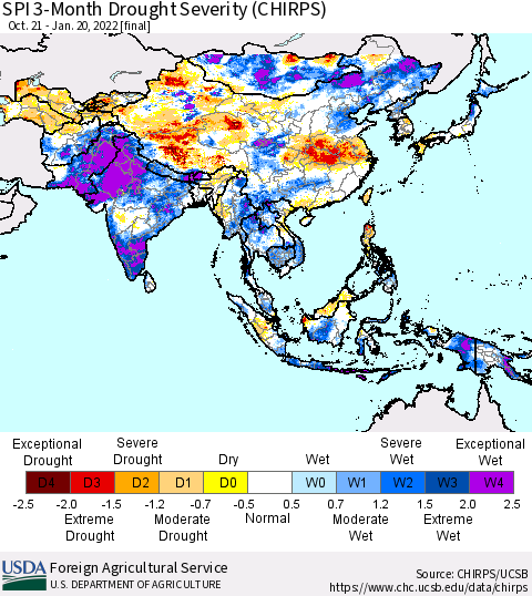 Asia SPI 3-Month Drought Severity (CHIRPS) Thematic Map For 10/21/2021 - 1/20/2022