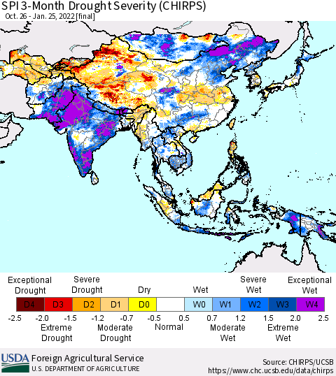 Asia SPI 3-Month Drought Severity (CHIRPS) Thematic Map For 10/26/2021 - 1/25/2022