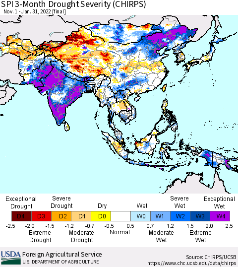 Asia SPI 3-Month Drought Severity (CHIRPS) Thematic Map For 11/1/2021 - 1/31/2022