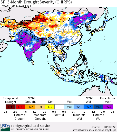 Asia SPI 3-Month Drought Severity (CHIRPS) Thematic Map For 11/6/2021 - 2/5/2022
