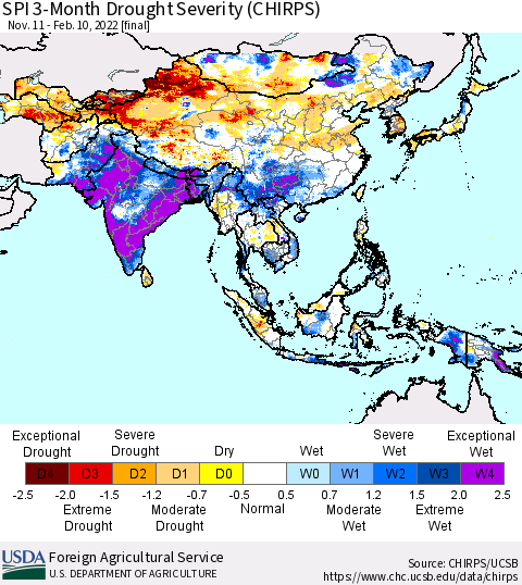 Asia SPI 3-Month Drought Severity (CHIRPS) Thematic Map For 11/11/2021 - 2/10/2022
