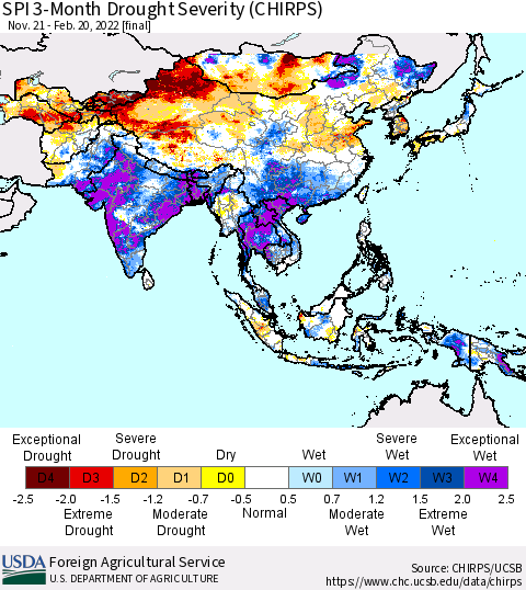 Asia SPI 3-Month Drought Severity (CHIRPS) Thematic Map For 11/21/2021 - 2/20/2022
