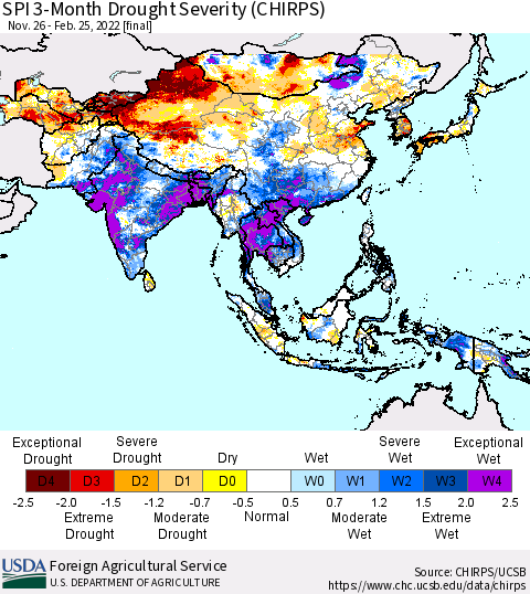 Asia SPI 3-Month Drought Severity (CHIRPS) Thematic Map For 11/26/2021 - 2/25/2022