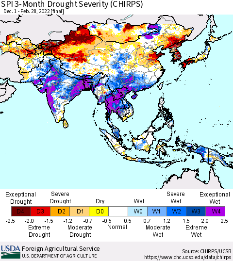 Asia SPI 3-Month Drought Severity (CHIRPS) Thematic Map For 12/1/2021 - 2/28/2022