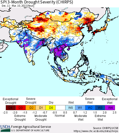Asia SPI 3-Month Drought Severity (CHIRPS) Thematic Map For 12/11/2021 - 3/10/2022