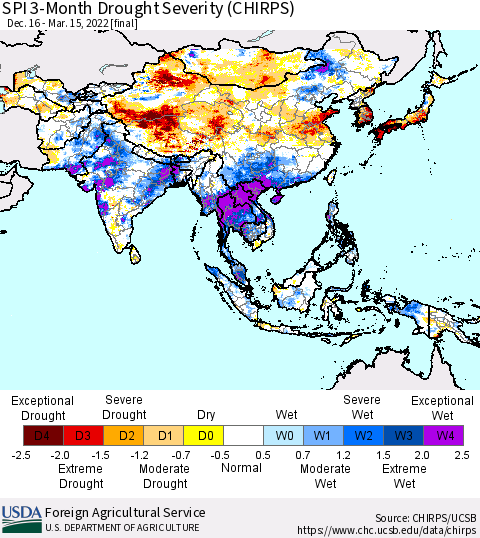 Asia SPI 3-Month Drought Severity (CHIRPS) Thematic Map For 12/16/2021 - 3/15/2022