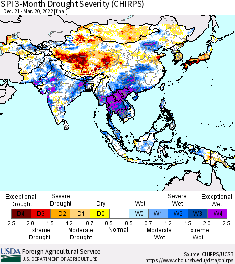 Asia SPI 3-Month Drought Severity (CHIRPS) Thematic Map For 12/21/2021 - 3/20/2022