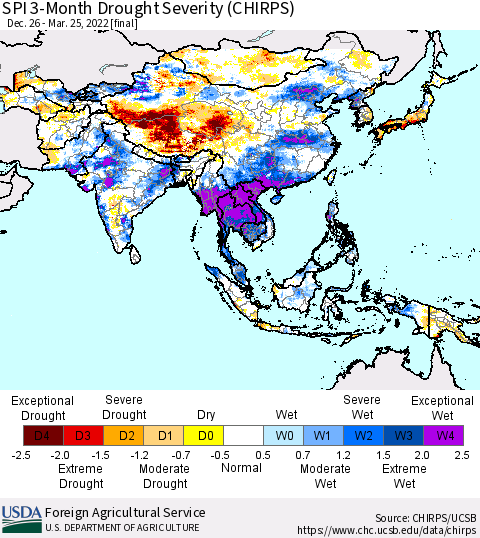 Asia SPI 3-Month Drought Severity (CHIRPS) Thematic Map For 12/26/2021 - 3/25/2022