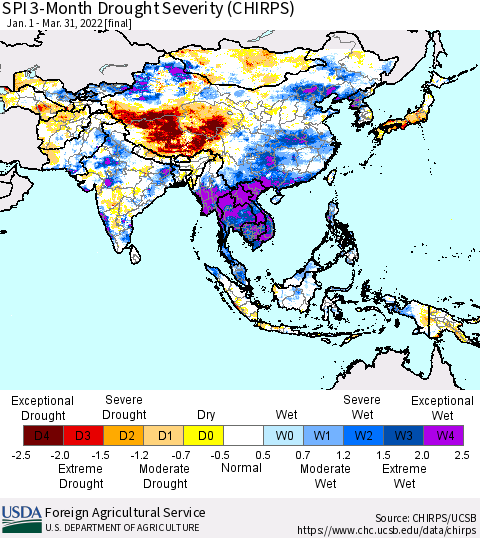 Asia SPI 3-Month Drought Severity (CHIRPS) Thematic Map For 1/1/2022 - 3/31/2022