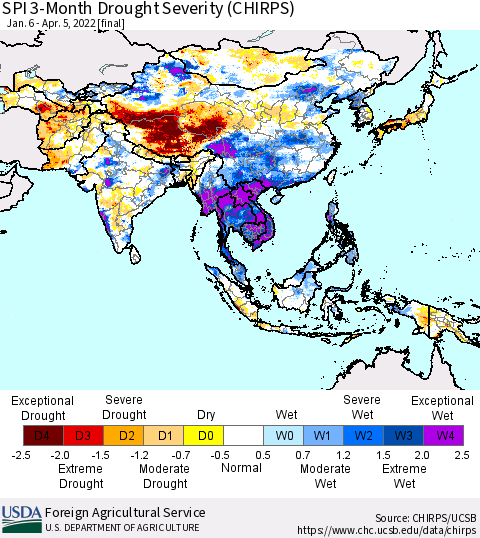 Asia SPI 3-Month Drought Severity (CHIRPS) Thematic Map For 1/6/2022 - 4/5/2022