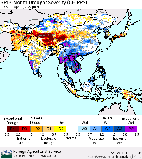 Asia SPI 3-Month Drought Severity (CHIRPS) Thematic Map For 1/11/2022 - 4/10/2022