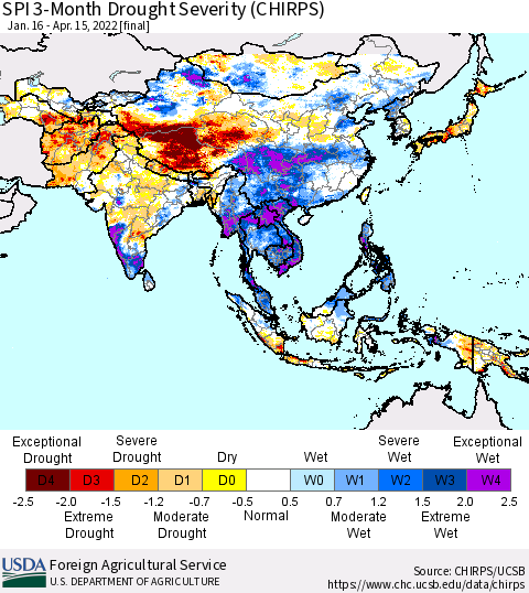 Asia SPI 3-Month Drought Severity (CHIRPS) Thematic Map For 1/16/2022 - 4/15/2022