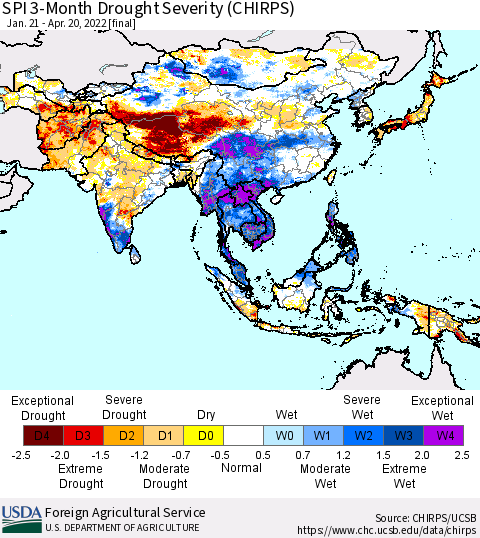 Asia SPI 3-Month Drought Severity (CHIRPS) Thematic Map For 1/21/2022 - 4/20/2022