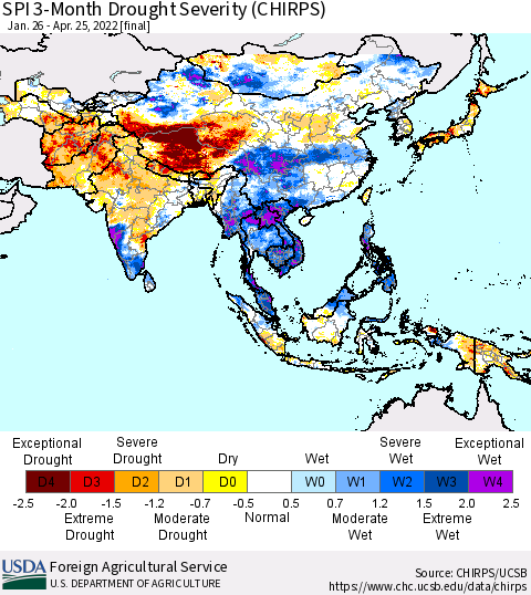 Asia SPI 3-Month Drought Severity (CHIRPS) Thematic Map For 1/26/2022 - 4/25/2022