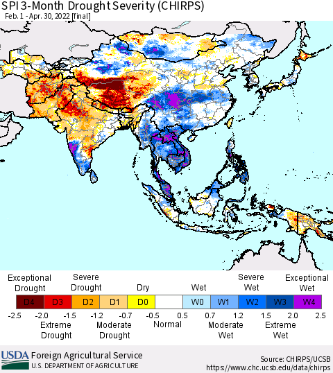 Asia SPI 3-Month Drought Severity (CHIRPS) Thematic Map For 2/1/2022 - 4/30/2022