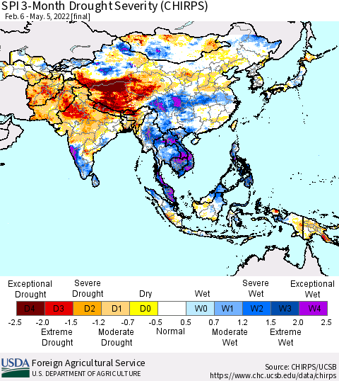 Asia SPI 3-Month Drought Severity (CHIRPS) Thematic Map For 2/6/2022 - 5/5/2022