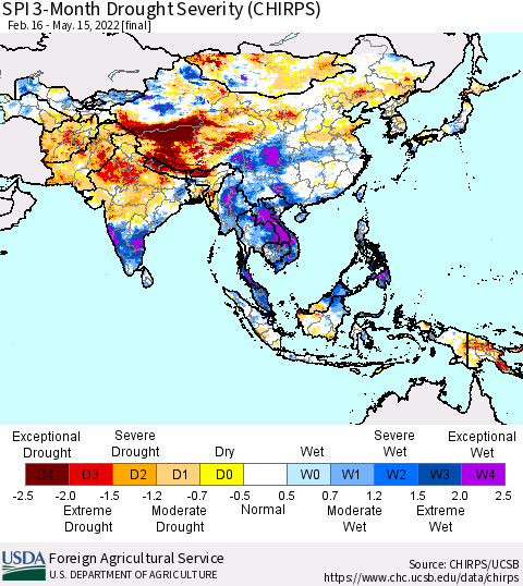 Asia SPI 3-Month Drought Severity (CHIRPS) Thematic Map For 2/16/2022 - 5/15/2022