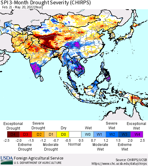 Asia SPI 3-Month Drought Severity (CHIRPS) Thematic Map For 2/21/2022 - 5/20/2022