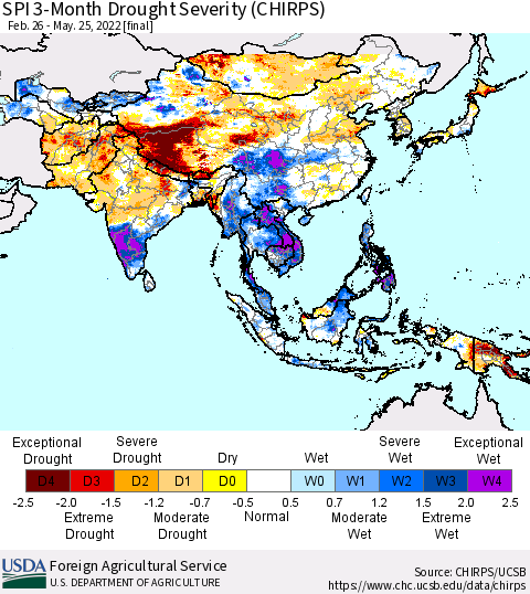 Asia SPI 3-Month Drought Severity (CHIRPS) Thematic Map For 2/26/2022 - 5/25/2022