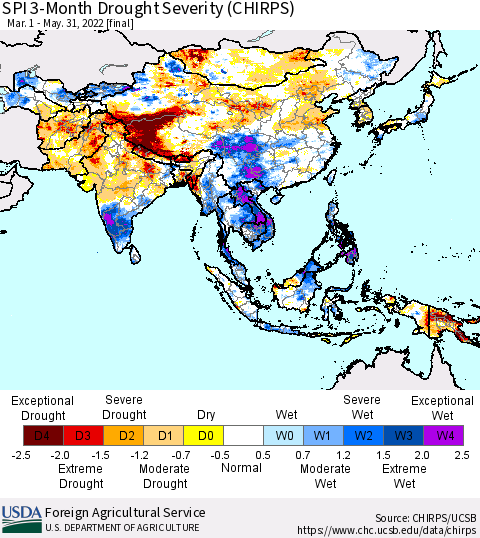 Asia SPI 3-Month Drought Severity (CHIRPS) Thematic Map For 3/1/2022 - 5/31/2022