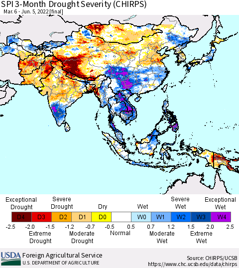 Asia SPI 3-Month Drought Severity (CHIRPS) Thematic Map For 3/6/2022 - 6/5/2022