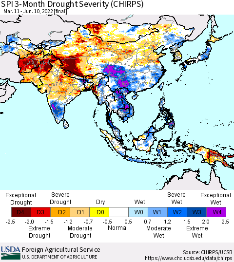 Asia SPI 3-Month Drought Severity (CHIRPS) Thematic Map For 3/11/2022 - 6/10/2022