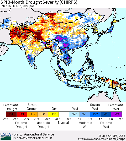 Asia SPI 3-Month Drought Severity (CHIRPS) Thematic Map For 3/16/2022 - 6/15/2022