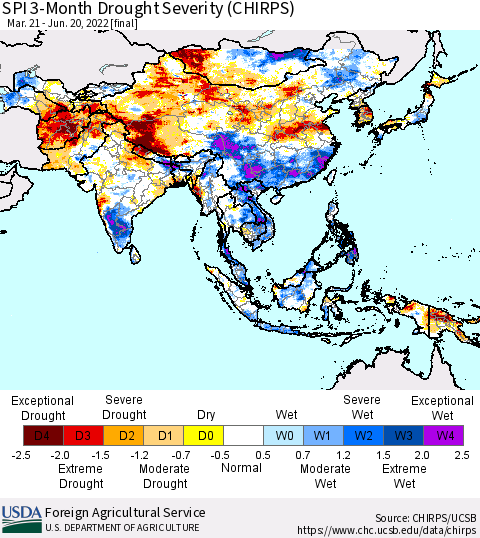 Asia SPI 3-Month Drought Severity (CHIRPS) Thematic Map For 3/21/2022 - 6/20/2022