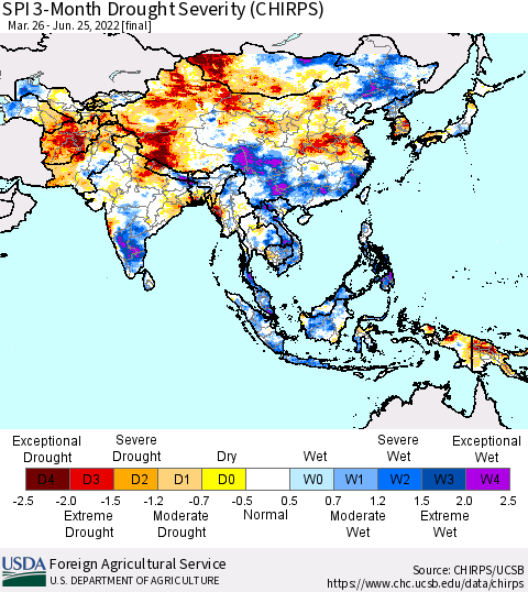 Asia SPI 3-Month Drought Severity (CHIRPS) Thematic Map For 3/26/2022 - 6/25/2022