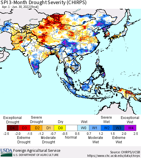 Asia SPI 3-Month Drought Severity (CHIRPS) Thematic Map For 4/1/2022 - 6/30/2022