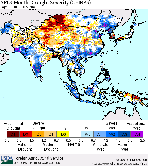 Asia SPI 3-Month Drought Severity (CHIRPS) Thematic Map For 4/6/2022 - 7/5/2022