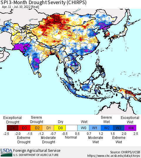 Asia SPI 3-Month Drought Severity (CHIRPS) Thematic Map For 4/11/2022 - 7/10/2022