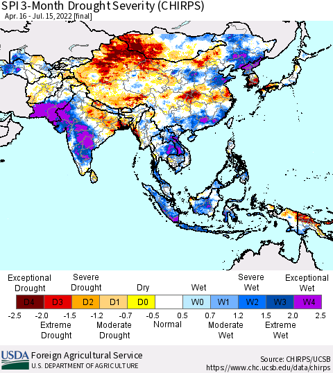 Asia SPI 3-Month Drought Severity (CHIRPS) Thematic Map For 4/16/2022 - 7/15/2022