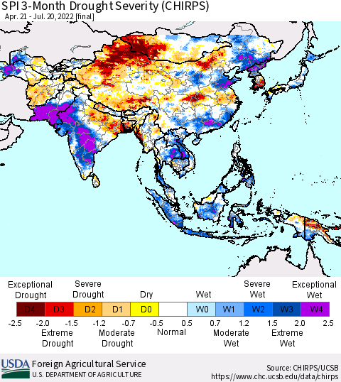 Asia SPI 3-Month Drought Severity (CHIRPS) Thematic Map For 4/21/2022 - 7/20/2022