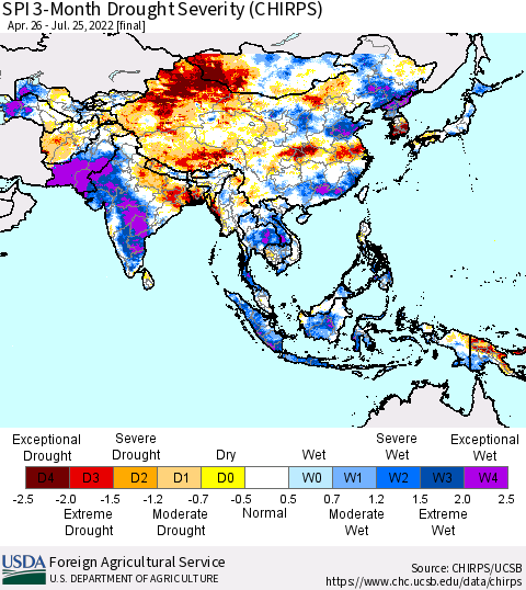 Asia SPI 3-Month Drought Severity (CHIRPS) Thematic Map For 4/26/2022 - 7/25/2022