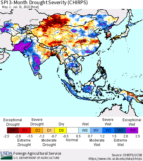 Asia SPI 3-Month Drought Severity (CHIRPS) Thematic Map For 5/1/2022 - 7/31/2022