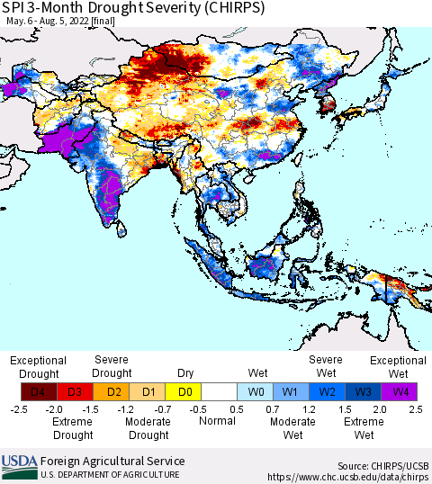 Asia SPI 3-Month Drought Severity (CHIRPS) Thematic Map For 5/6/2022 - 8/5/2022