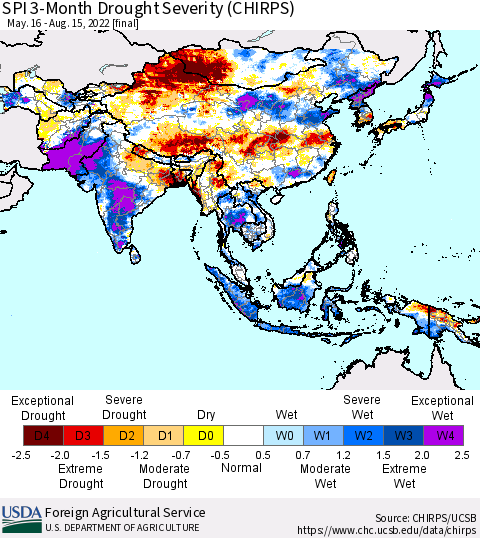 Asia SPI 3-Month Drought Severity (CHIRPS) Thematic Map For 5/16/2022 - 8/15/2022