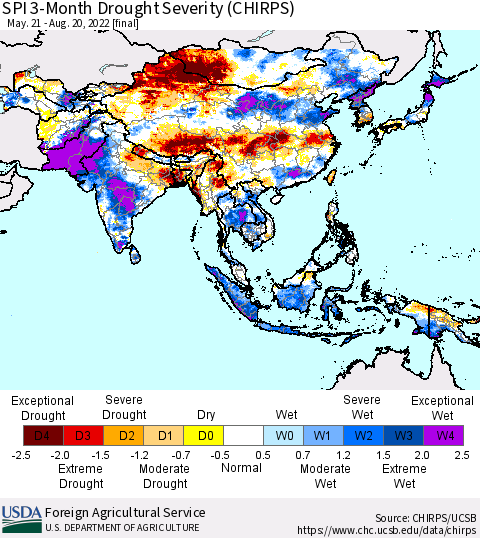 Asia SPI 3-Month Drought Severity (CHIRPS) Thematic Map For 5/21/2022 - 8/20/2022