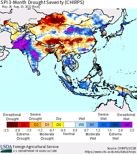 Asia SPI 3-Month Drought Severity (CHIRPS) Thematic Map For 5/26/2022 - 8/25/2022