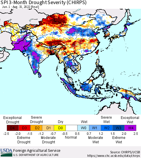 Asia SPI 3-Month Drought Severity (CHIRPS) Thematic Map For 6/1/2022 - 8/31/2022
