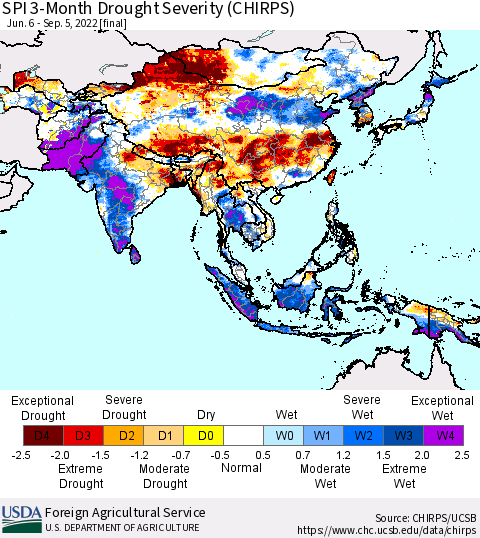 Asia SPI 3-Month Drought Severity (CHIRPS) Thematic Map For 6/6/2022 - 9/5/2022