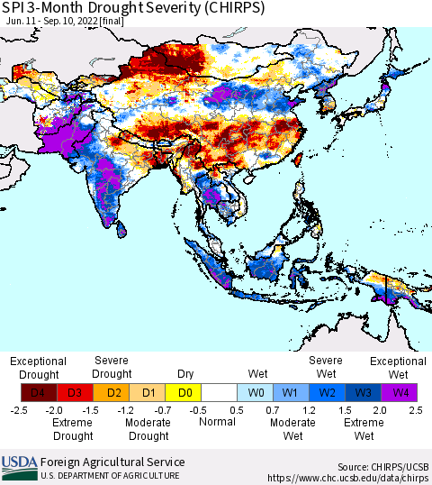 Asia SPI 3-Month Drought Severity (CHIRPS) Thematic Map For 6/11/2022 - 9/10/2022